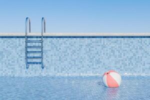 3D rendering of a beach ball near a pool ladder in an empty pool, concept of summer arrival and leisure. photo