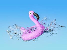 Pink Flamingo Pool Float Splashing in Water Against Blue Background photo