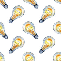 Watercolor illustration pattern of a yellow glowing light bulb. Edison lamp, incandescent lamp, Ilyich. Creative thinking and unique ideas. Isolated. Drawn by hand. png