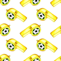 Watercolor illustration pattern of yellow football referee whistle. Sports symbol. Soccer World Cup. Game, match, competition. Isolated. Drawn by hand. png