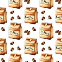 Muster Aquarell Illustration Kunst Tasche mit Kaffee Bohnen, ökologisch freundlich und sicher. traditionell Kaffee Verpackung. Papier Tasche mit Kaffee Bohnen. isoliert. gezeichnet durch Hand. png