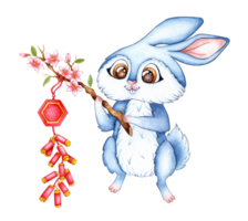 A watercolor illustration of a blue bunny with a blossoming branch containing chinese crackers. Holiday, celebration, New Year. Ideal for t-shirts, cards, prints. Isolated png