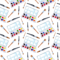 Watercolor illustration pattern of school paints and brushes, aquarelle for drawing. Back to school Goods for creativity. The working tool of the artist. For posters, posters, postcards, holiday decor png