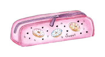 Watercolor illustration of a pink school pencil case. fold, store, take with you. Back to School Bag for stationery for posters, posters, postcards, holiday decor. Isolated . Drawn by hand. png