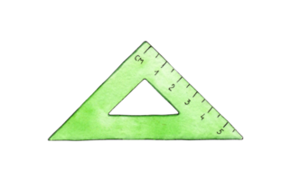 Watercolor illustration green triangular plastic measuring ruler. Draw, measure and edit. Back to School Writing supplies for posters, posters, postcards, holiday decor. Isolated png