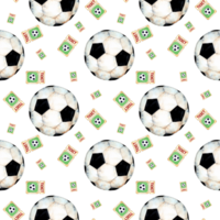 Watercolor illustration pattern of soccer ball and ticket. Sports symbol. Soccer World Cup. A fan attending a match. Isolated. Drawn by hand. png