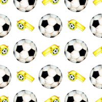 Watercolor illustration of a pattern of a soccer ball and referee's whistle. Sports symbol. Soccer World Cup. Game, match, competition. Isolated . Drawn by hand. png