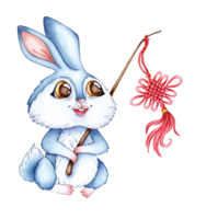 Watercolor illustration of a blue rabbit with a stick on which is a Chinese keychain. Holiday, celebration, New Year. Ideal for t-shirts, cards, prints. Isolated. drawn png