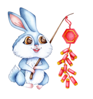 Watercolor illustration of a blue rabbit with a stick containing Chinese crackers. Holiday, celebration, New Year. Ideal for t-shirts, cards, prints. Isolated png