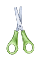 Watercolor illustration of green stationery scissors. Use for poster, print, postcard, template, pattern, shop, advertising, design, children's book. Isolated png