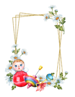 Watercolor illustration of a frame of children's toys and flowers. Tumbler, spinning top, rattle and daisies. Isolated. Composition for wallpaper, wrapping paper, packaging, design, invitation, card, png