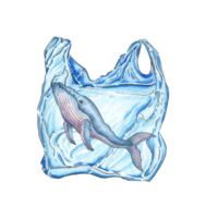 Watercolor illustration of a whale inside a plastic bag. Poster about pollution, save the ocean, Earth Day illustration. Nature and plastic, marine litter, environmental poster. isolated png