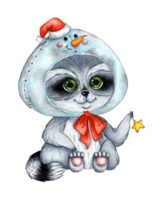 Watercolor illustration of a cute raccoon in a snowman cap. New Year, Christmas, masquerade, funny costumes. Drawing for postcards, prints, invitations, fabrics, decor. Isolated png