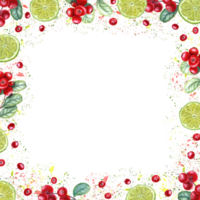 quadrado quadro, Armação do Lima fatias, lingonberries. citrino, vermelho bagas, verde folhas e suculento salpicos. tropical fruta e floresta baga. aguarela ilustração para convite, postais.. espaço para texto. png