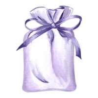 Purple bag with bow for herbs, pouch, bag for seasonings, sachet with lavender, pad, watercolor illustration. Isolated hand drawn contaner. Vintage drawing template for cards, tableware, embroidery. png