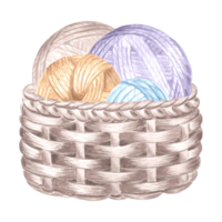 Tangles of colorful yarn and threads in wicker basket. Watercolor illustration template of balls of wool for hobby knitting. Isolated hand drawn illustration for card, knitter blog, needlework store. png