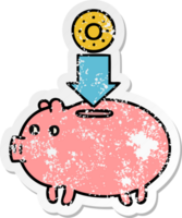 distressed sticker of a cute cartoon piggy bank png