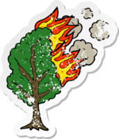 autocollant rétro en détresse d'un arbre en feu de dessin animé png