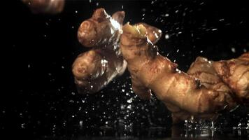 Fresh ginger falls on the table. Filmed on a high-speed camera at 1000 fps. High quality FullHD footage video