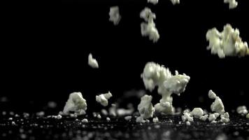 frisch Hütte Käse fallen auf schwarz Hintergrund. gefilmt auf ein schnelle Geschwindigkeit Kamera beim 1000 fps. hoch Qualität fullhd Aufnahmen video