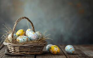 ai generado Pascua de Resurrección pintado huevos arreglado en un cesta en un rústico de madera mesa, creando un festivo y decorativo fiesta habitación central foto