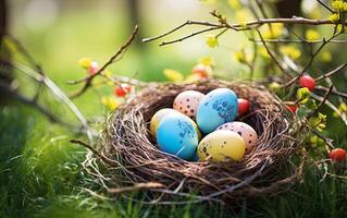 AI generated Nest with decorated Easter eggs inside placed on the grass in nature on a sunny spring day photo