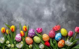 AI generated Easter composition with decorated colorful Easter eggs and tulips on grey concrete background photo