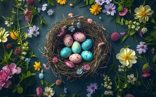 AI generated Easter background with decorated eggs in a nest surrounded by spring flowers photo