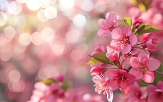 AI generated Pink cherry tree flowers bloom in spring on the natural sunny blurred background of the bokeh garden banner photo