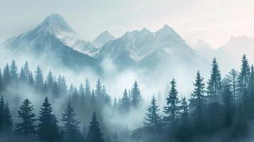 AI generated Misty mountain landscape with fir forest in vintage retro style photo