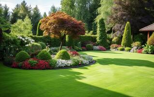 ai generado un sereno ver de un verde césped rodeado por hermoso, bien cuidado plantas en un jardín, creando un armonioso y tranquilo al aire libre espacio foto