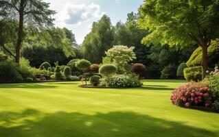 AI generated A serene view of a green lawn surrounded by beautiful, well-kept plants in a garden, creating a harmonious and tranquil outdoor space photo