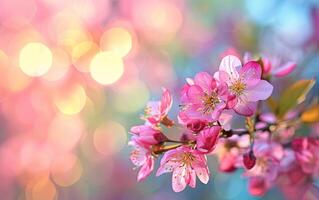 AI generated Pink cherry tree flowers bloom in spring on the natural sunny blurred background of the bokeh garden banner photo