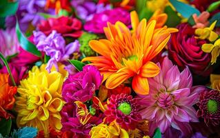 ai generado vibrante ramo de flores de mezclado flores en lleno floración capturar naturalezas belleza foto