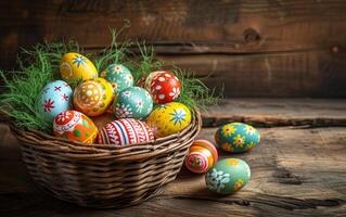 AI generated Easter painted eggs arranged in a basket on a rustic wooden table, creating a festive and decorative holiday centerpiece photo