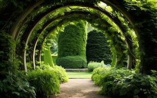 AI generated Green plant arches in english countryside garden photo