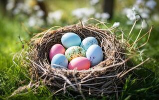 ai generado nido con Pascua de Resurrección huevos en césped en un soleado primavera día foto