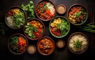 AI generated Assorted Asian Cuisine Dishes Served in Bowls on a Dark Table Background photo