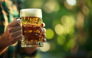 ai generado un hombre participación un vaso frío, Fresco cerveza en un borroso verde fondo, creando el Perfecto ambiente para S t. patrick's día celebraciones con Copiar espacio foto