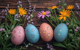 AI generated Decorated colorful Easter eggs placed on a wooden background next to the spring flowers, flat lay photo