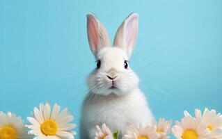 AI generated White Easter rabbit, soft and fluffy, standing tall on a serene pastel blue canvas next to the spring flowers photo