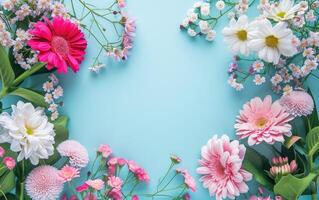 AI generated Blue Background With Pink and White Flowers, Flat Lay with Copy Space photo