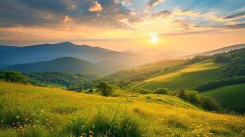 AI generated Sunset in the mountain valley. Beautiful natural landscape in the summertime photo