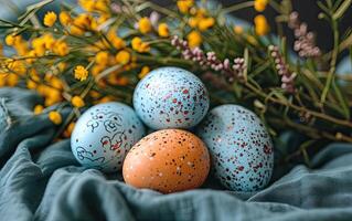 AI generated Decorated colorful Easter eggs placed on a fabric next to the spring flowers photo