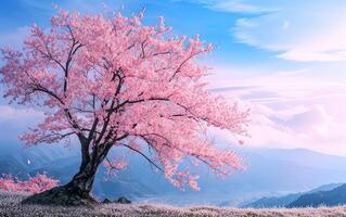 AI generated A beautiful cherry tree in full bloom, its tender flowers creating an enchanting display of nature's elegance photo