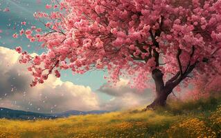 AI generated A beautiful cherry tree in full bloom, its tender flowers creating an enchanting display of nature's elegance photo