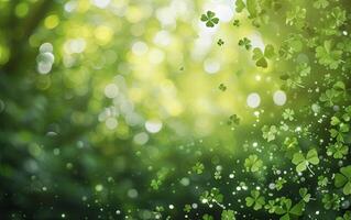 AI generated St. Patrick's Day clover confetti with green bokeh, creating a festive and vibrant atmosphere photo