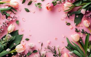 AI generated Photo of 8th of march Women's Day background with decorated flowers on a table, pastel-colored, light-hearted, flat lay, overhead shot with copy space