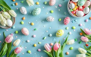 AI generated Colorful Easter Eggs and Fresh Tulips placed on a Pastel Blue Background with Copy Space, flat lay, overhead shot photo