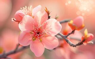 ai generado un vibrante rosado melocotón flor floraciones graciosamente en un radiante primavera día foto